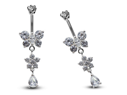 Silver Belly Button Piercing, Belly Bars - Butterfly and tear drop dangle Belly Ring with CZ Crystals Navel Ring 16g (1.6mm) Length is 10mm