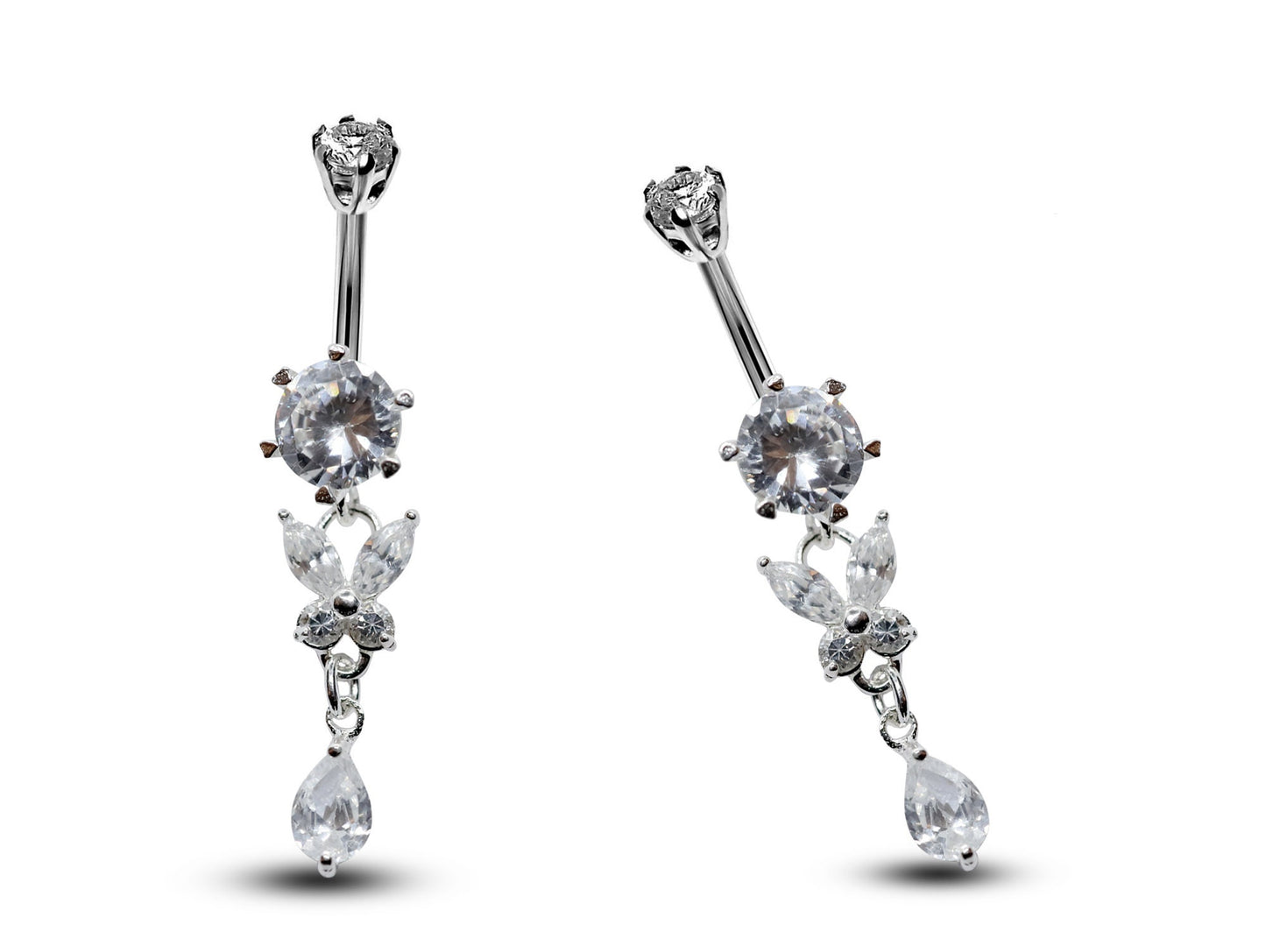 Silver Dangle Belly Bars, Navel Ring - Butterfly Drop Belly Ring with High Quality CZ Crystals - Curved Barbell - 16g (1.6mm) Length is 8mm