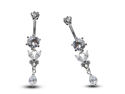 Silver Dangle Belly Bars, Navel Ring - Butterfly Drop Belly Ring with High Quality CZ Crystals - Curved Barbell - 16g (1.6mm) Length is 8mm