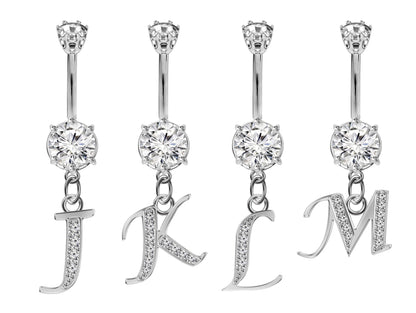 Initial Belly Ring, Belly Button Rings with Silver Dangle Alphabet Letter A-Z - Belly Bar length is 10mm - thickness is 14g (1.6mm)