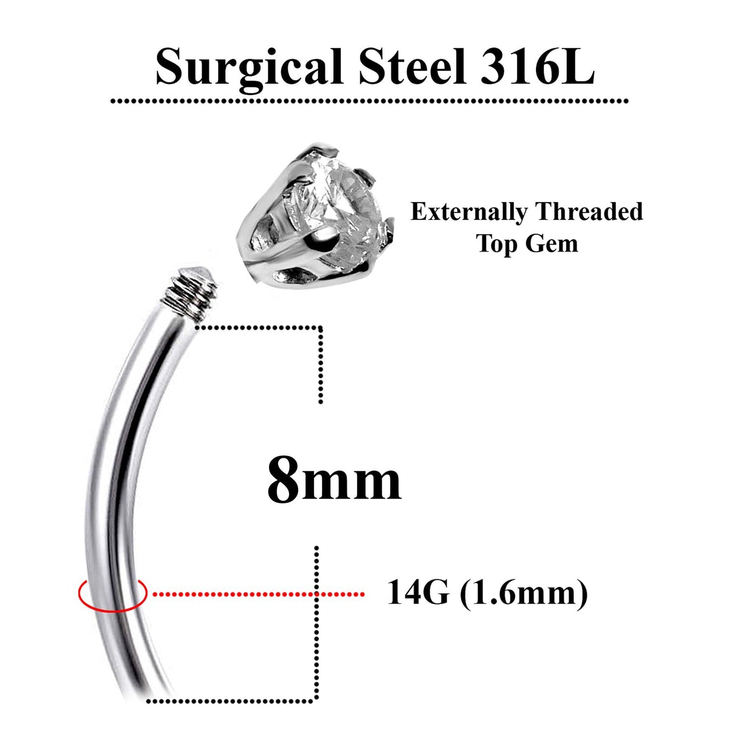 Silver Dangle Belly Bars, Navel Ring - Butterfly Drop Belly Ring with High Quality CZ Crystals - Curved Barbell - 16g (1.6mm) Length is 8mm