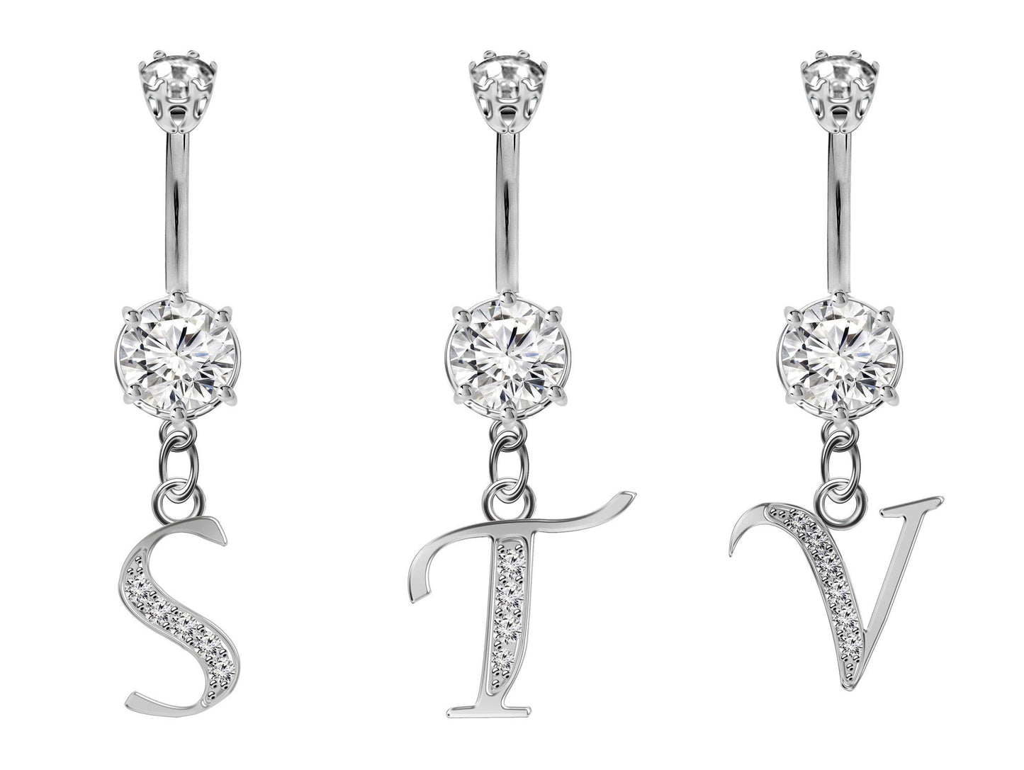 Initial Belly Ring, Belly Button Rings with Silver Dangle Alphabet Letter A-Z - Belly Bar length is 10mm - thickness is 14g (1.6mm)