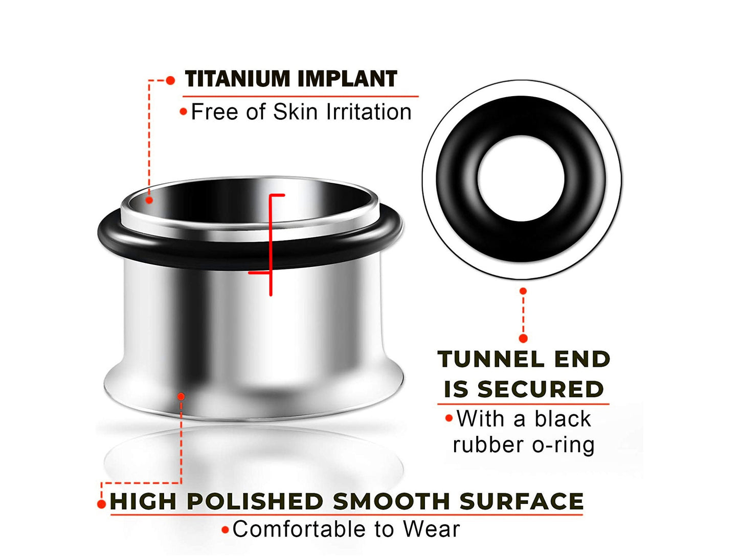 Steel Plugs, Single Flare Tunnels - Titanium Steel Plugs Earrings Piercing Tunnel with rubber O-ring for Ear Lobe Earring, Body Modification