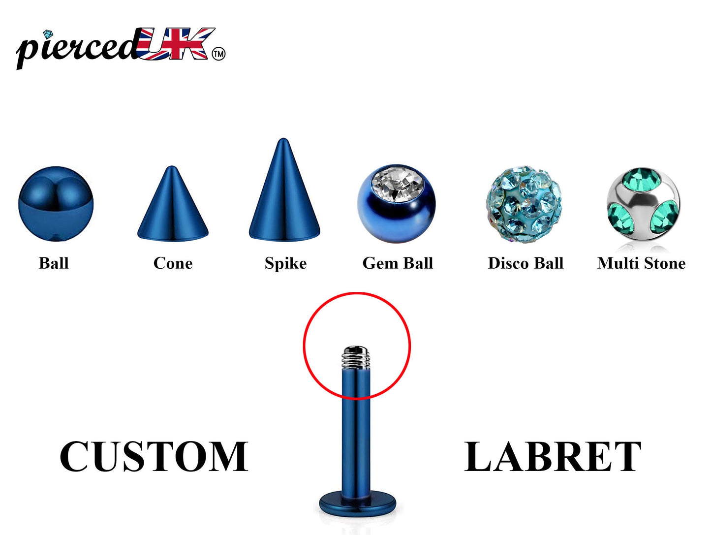 Teal Blue Labret Stud, Labret Piercing – Custom Lip Labret 18g 16g 14g Labret Piercing for Lip, Chin – Choose Top Ball in the Options