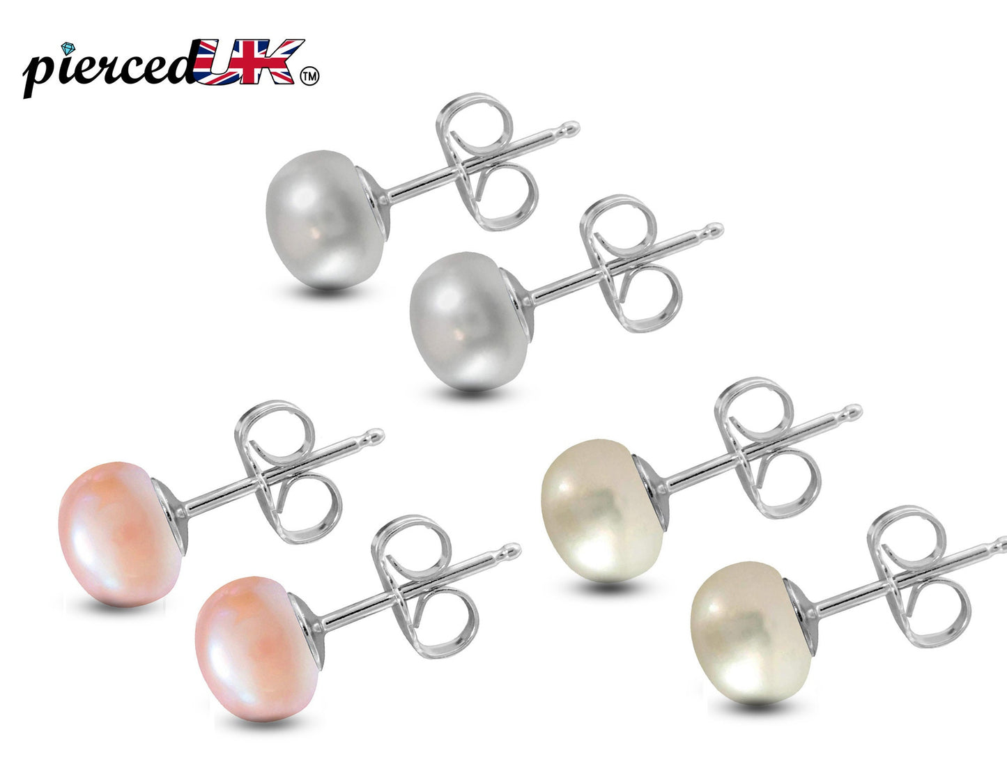 Pearl Earrings, Pearl Studs -  Fresh Water Cultured Pearl - White, Peach & Dark Grey Shell Earrings - Surgical Steel Post