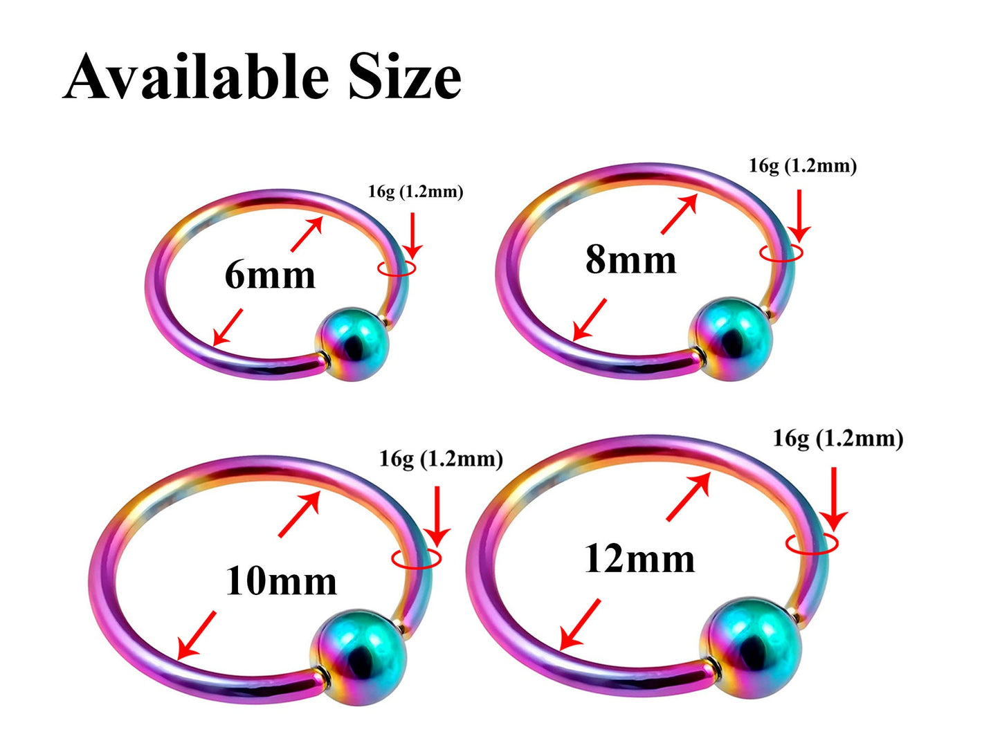 Rainbow Septum Ring, Captive Bead Ring 16g( 1.2mm) Piercings for Ear, Lip Ring, Nipple Ring and more – Gauge 18g to 0g – Length 6mm to 19mm