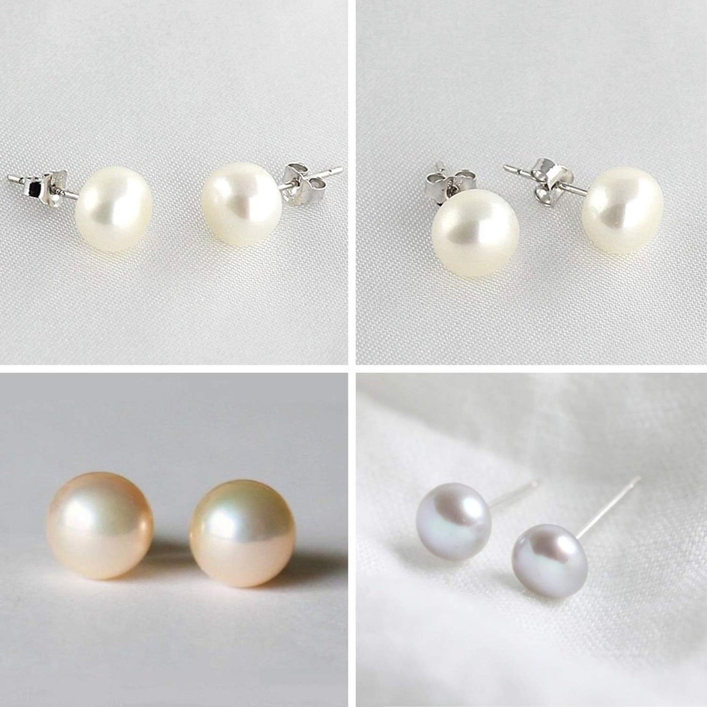 Pearl Earrings, Pearl Studs -  Fresh Water Cultured Pearl - White, Peach & Dark Grey Shell Earrings - Surgical Steel Post