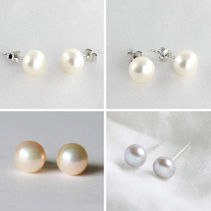 Pearl Earrings, Pearl Studs -  Fresh Water Cultured Pearl - White, Peach & Dark Grey Shell Earrings - Surgical Steel Post
