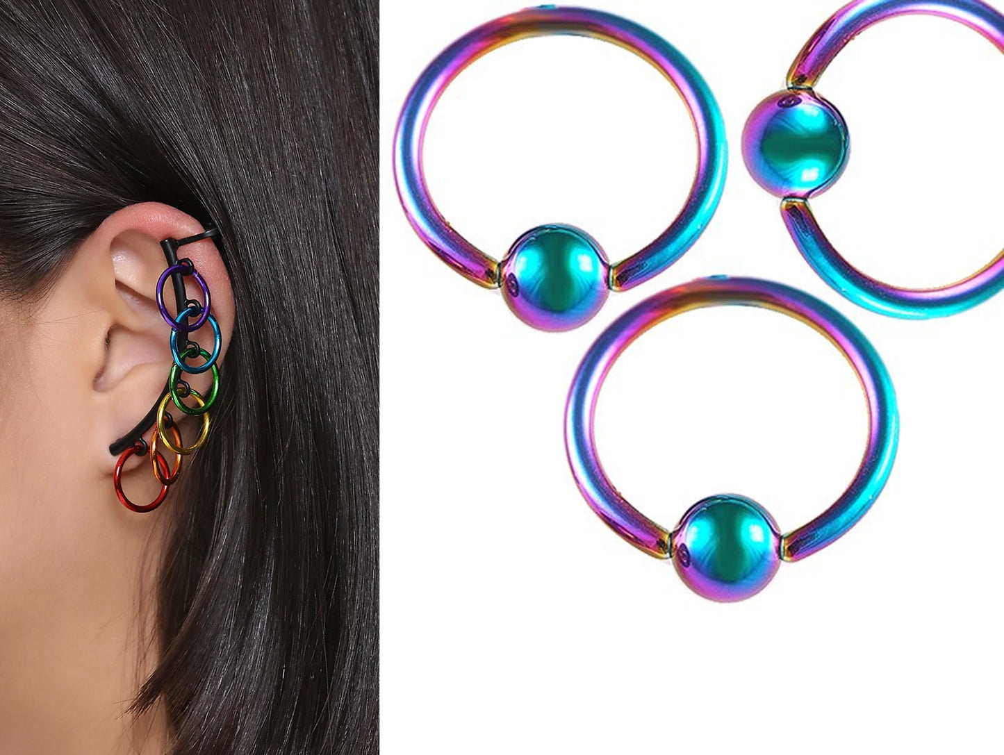 Rainbow Septum Ring, Captive Bead Ring 16g( 1.2mm) Piercings for Ear, Lip Ring, Nipple Ring and more – Gauge 18g to 0g – Length 6mm to 19mm