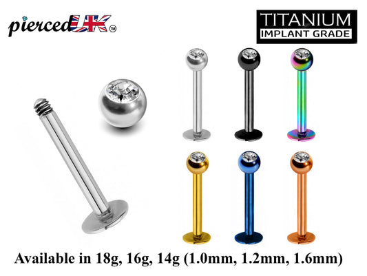 Titanium Labret Piercing, Labret Lip Stud – Lip Piercing available in many Colours Labret with Clear Crystal Top Gem Ball – 18g, 16g, 14g