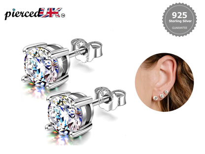 Silver Round Stud Earrings - Sterling Silver 925 Solitaire Earrings - Highest Quality Crystal - Size 2mm to 10mm