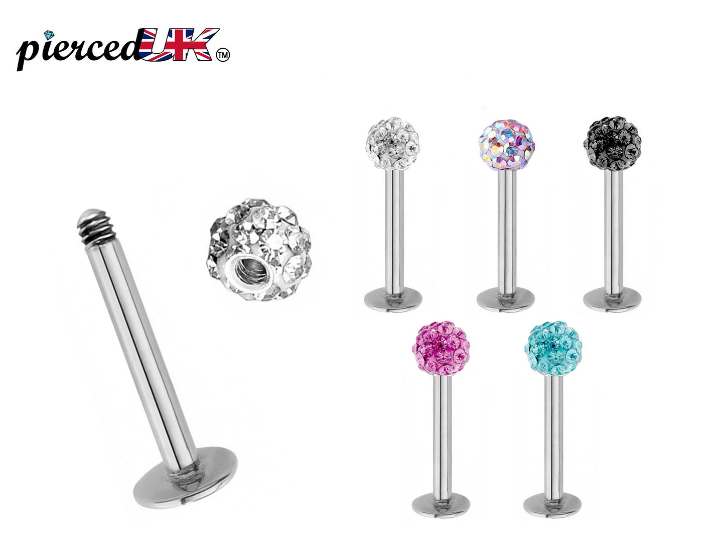Labret Stud, Labret Piercing with Multi Crystal Ball – Flatback Lip Piercing Jewelry – Labret Piercing for Lip, Chin and More