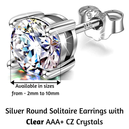 Silver Round Stud Earrings - Sterling Silver 925 Solitaire Earrings - Highest Quality Crystal - Size 2mm to 10mm