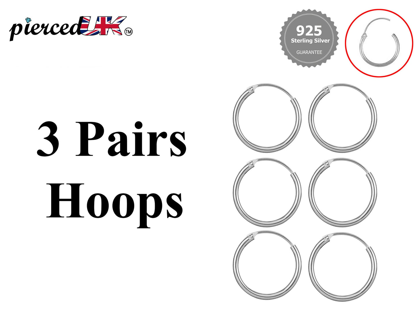 Hoop Earrings Silver- Set of 3 Pairs Small Hoops for Cartilage, tragus, conch, daith - 8mm to 60mm - Available in Gold and Rose Gold Plating
