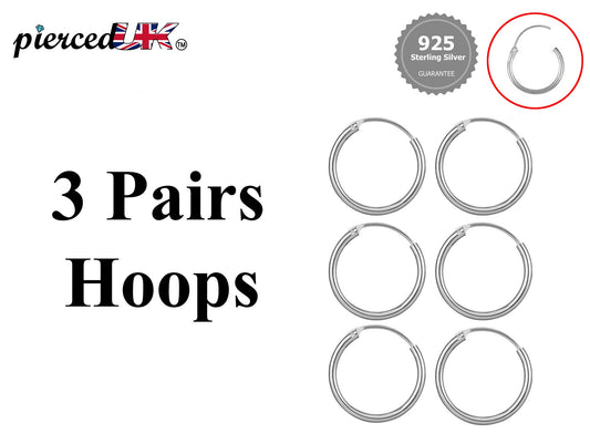 Hoop Earrings Silver- Set of 3 Pairs Small Hoops for Cartilage, tragus, conch, daith - 8mm to 60mm - Available in Gold and Rose Gold Plating