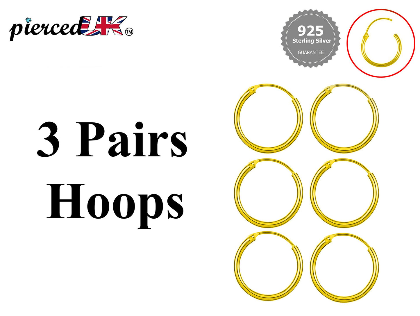 Hoop Earrings Silver- Set of 3 Pairs Small Hoops for Cartilage, tragus, conch, daith - 8mm to 60mm - Available in Gold and Rose Gold Plating