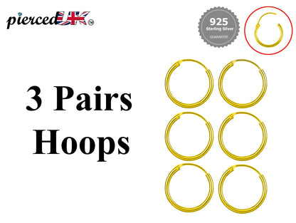 Hoop Earrings Silver- Set of 3 Pairs Small Hoops for Cartilage, tragus, conch, daith - 8mm to 60mm - Available in Gold and Rose Gold Plating