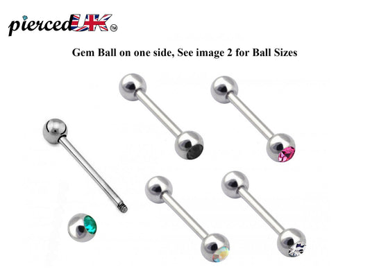 Barbell Piercing, Industrial Piercing with Gem Ball Crystals –18g 16g 14g Piercing for Tongue, Nipple Piercing, Ears – Size from 6mm to 44mm