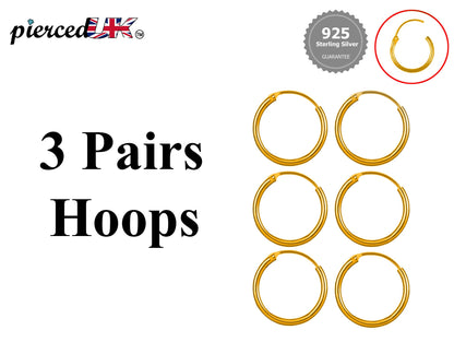 Hoop Earrings Silver- Set of 3 Pairs Small Hoops for Cartilage, tragus, conch, daith - 8mm to 60mm - Available in Gold and Rose Gold Plating