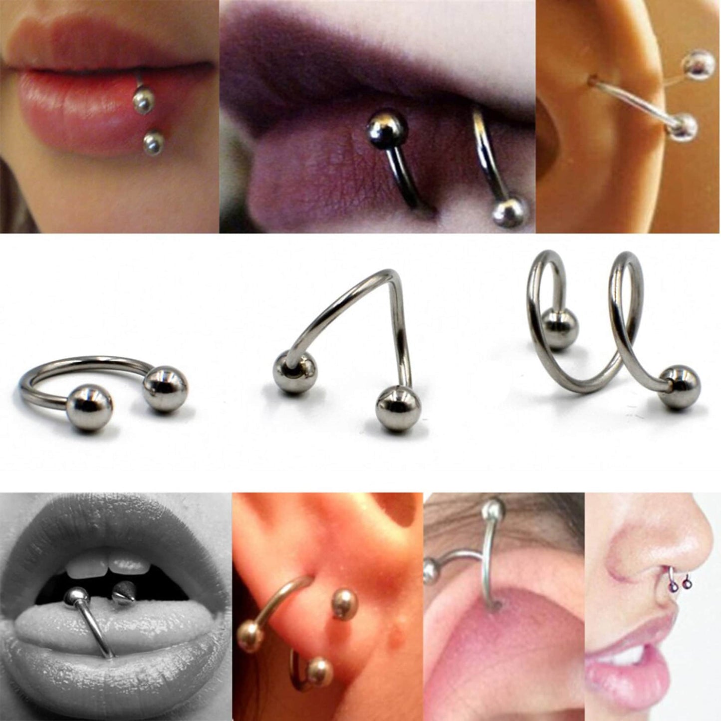 Titanium Spiral Lip Ring, Twist Barbell – Piercings for Ear, Eyebrow piercing, Cartilage, Helix etc. – 16g, 14g – Length 8mm to 12mm