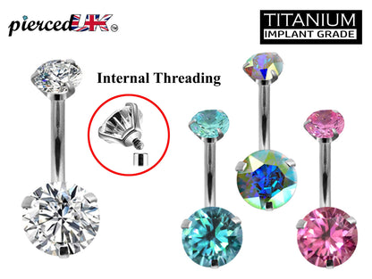 Titanium Belly Bar, Navel Rings - Prong Set AAA+ CZ Crystals - Internally Threaded top Gem Belly Button Piercing - 14g (1.6mm) 10mm -