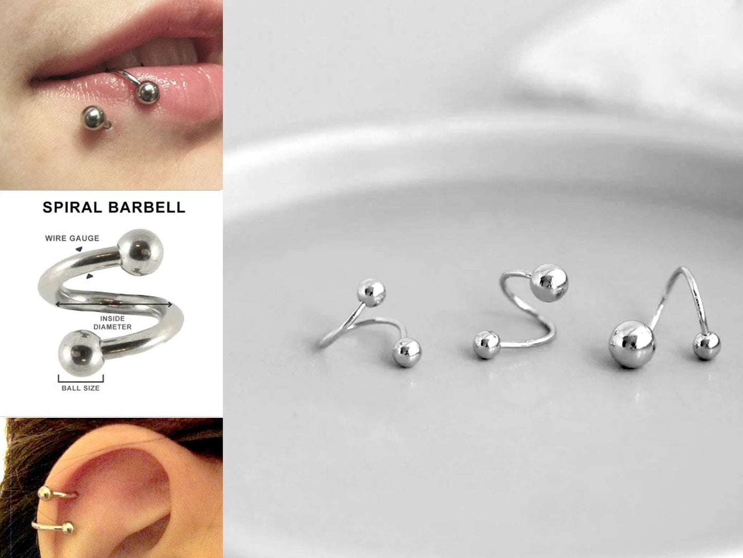 Titanium Spiral Lip Ring, Twist Barbell – Piercings for Ear, Eyebrow piercing, Cartilage, Helix etc. – 16g, 14g – Length 8mm to 12mm