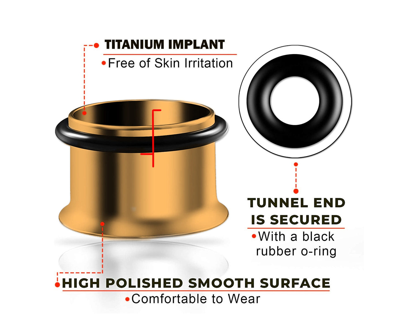 Rose Gold Plated Plugs, Single Flare Tunnels - Titanium Plugs Earrings Stretchers with rubber O-ring for Ear Lobe Earring, Body Modification