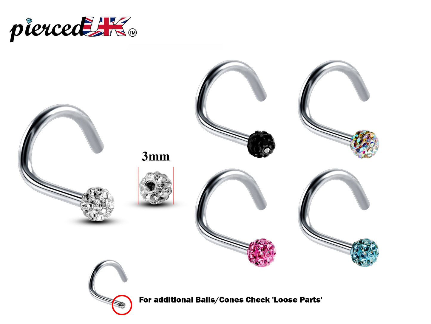 Nose Studs, Nose Ring - Nostril Screw Ring with Ferido Ball Crystal  - Nose Piercing 18G, 16G