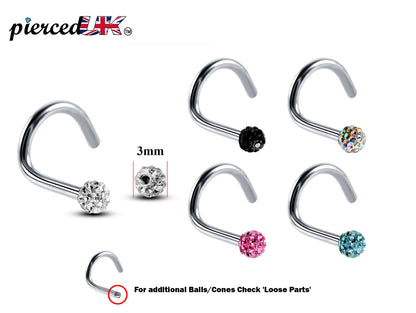 Nose Studs, Nose Ring - Nostril Screw Ring with Ferido Ball Crystal  - Nose Piercing 18G, 16G