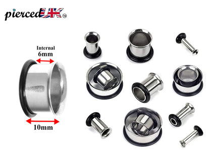 Steel Plugs, Single Flare Tunnels - Surgical Steel Plugs Earrings Piercing Tunnel with rubber O-ring for Ear Lobe Earring, Body Modification