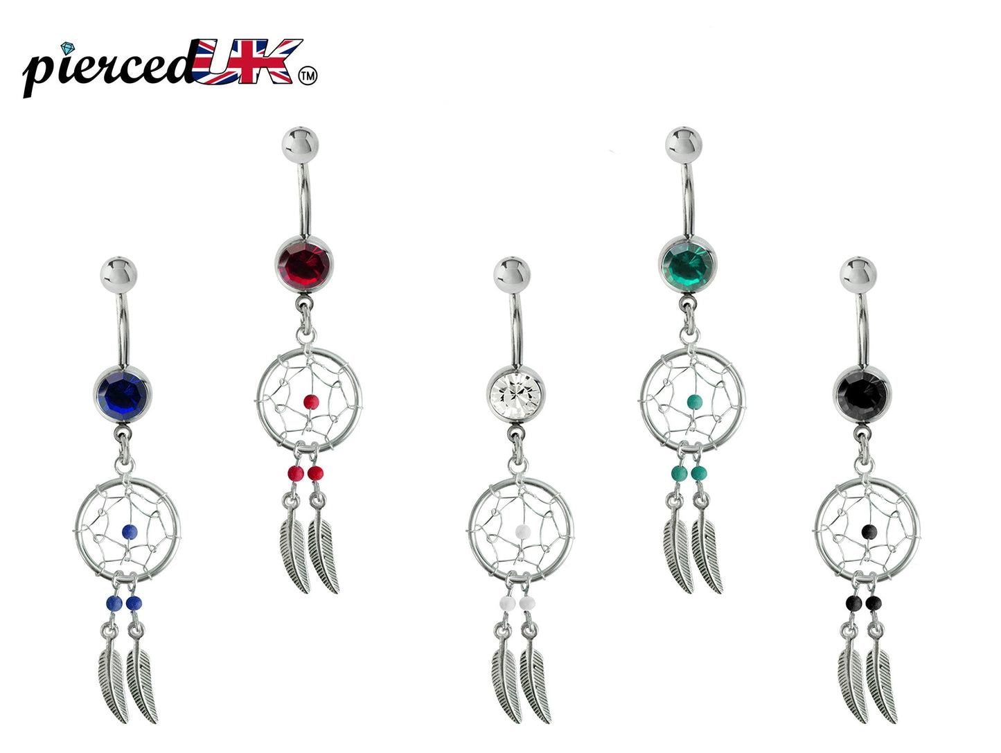 Dream Catcher Belly Ring, Navel Ring - Silver Dreamcatcher Jewellery Drop Belly Bar with Crystal and  Genuine Stone Beads- 14g (1.6mm)