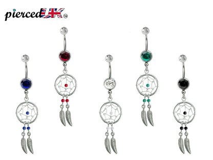 Dream Catcher Belly Ring, Navel Ring - Silver Dreamcatcher Jewellery Drop Belly Bar with Crystal and  Genuine Stone Beads- 14g (1.6mm)