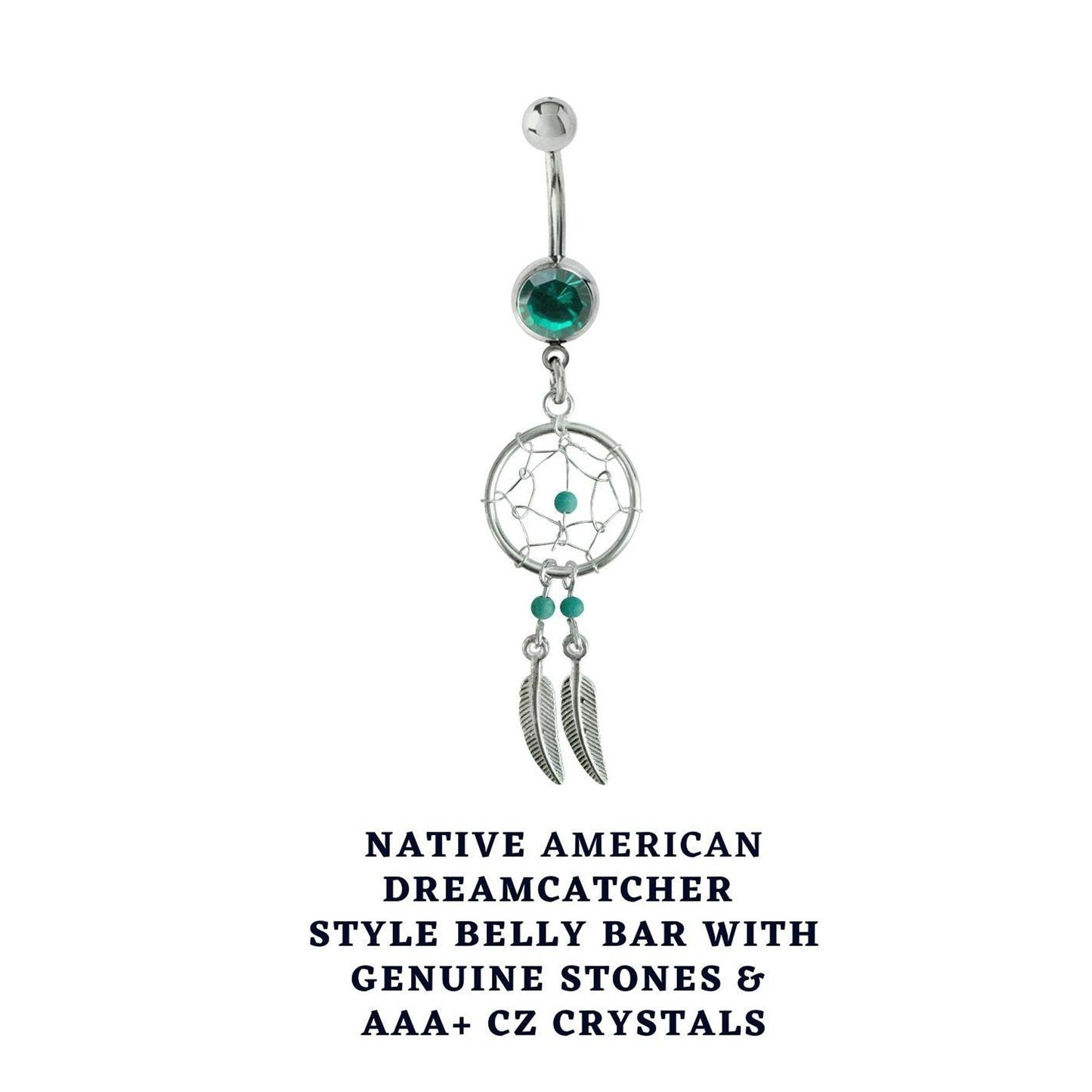 Dream Catcher Belly Ring, Navel Ring - Silver Dreamcatcher Jewellery Drop Belly Bar with Crystal and  Genuine Stone Beads- 14g (1.6mm)