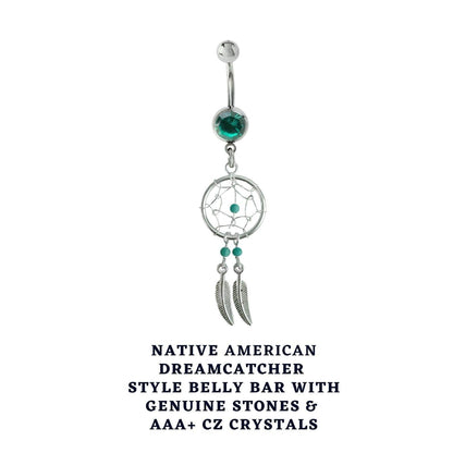 Dream Catcher Belly Ring, Navel Ring - Silver Dreamcatcher Jewellery Drop Belly Bar with Crystal and  Genuine Stone Beads- 14g (1.6mm)