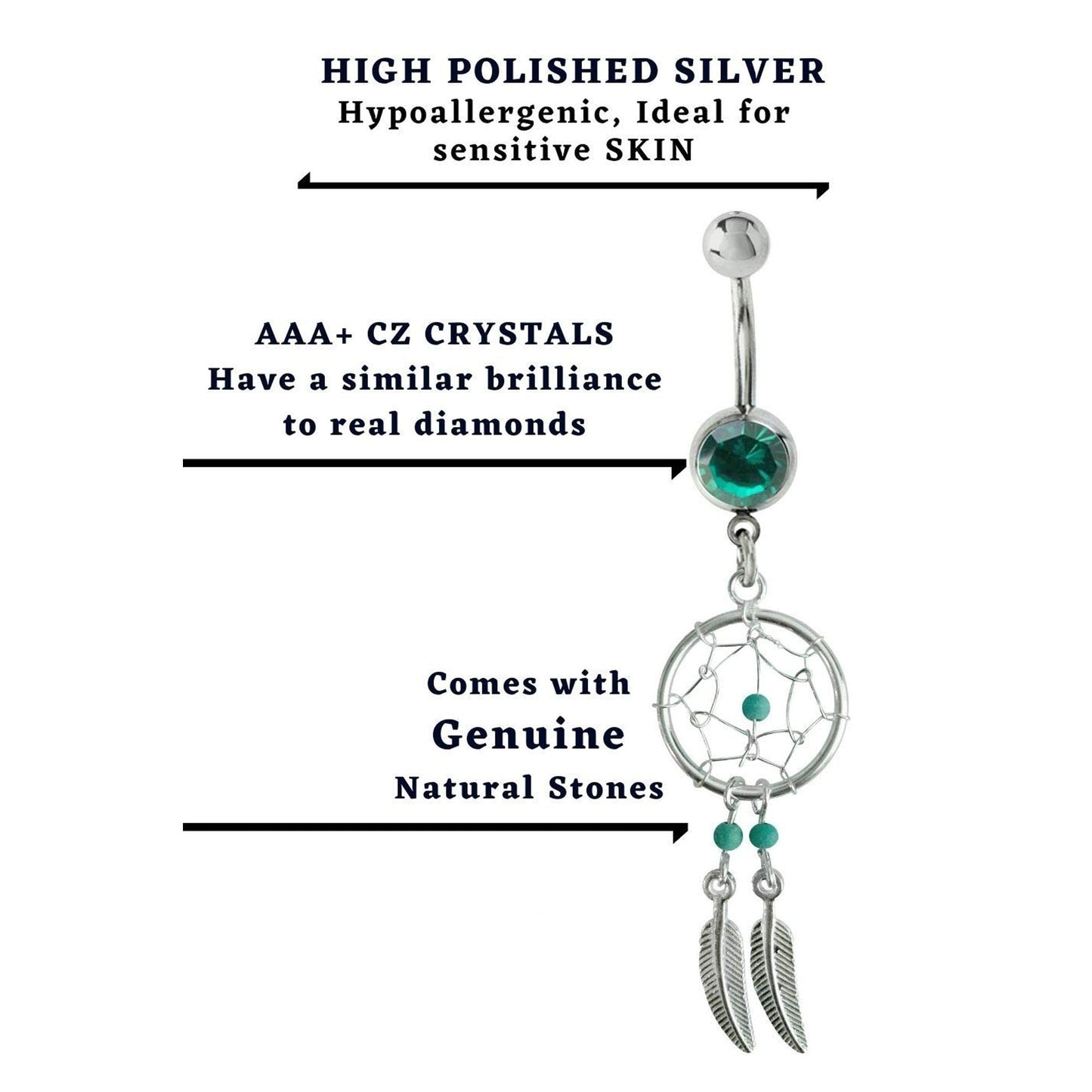 Dream Catcher Belly Ring, Navel Ring - Silver Dreamcatcher Jewellery Drop Belly Bar with Crystal and  Genuine Stone Beads- 14g (1.6mm)