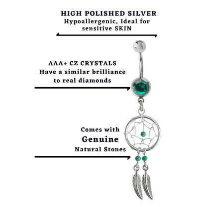 Dream Catcher Belly Ring, Navel Ring - Silver Dreamcatcher Jewellery Drop Belly Bar with Crystal and  Genuine Stone Beads- 14g (1.6mm)