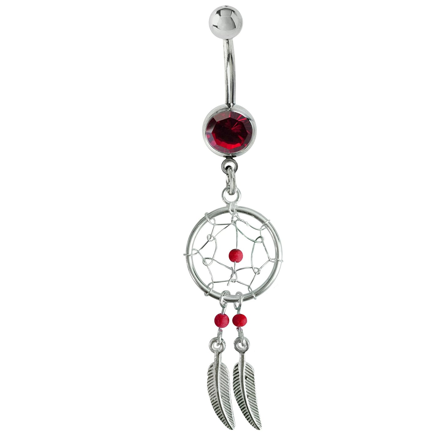 Dream Catcher Belly Ring, Navel Ring - Silver Dreamcatcher Jewellery Drop Belly Bar with Crystal and  Genuine Stone Beads- 14g (1.6mm)