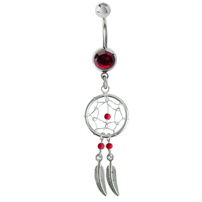 Dream Catcher Belly Ring, Navel Ring - Silver Dreamcatcher Jewellery Drop Belly Bar with Crystal and  Genuine Stone Beads- 14g (1.6mm)
