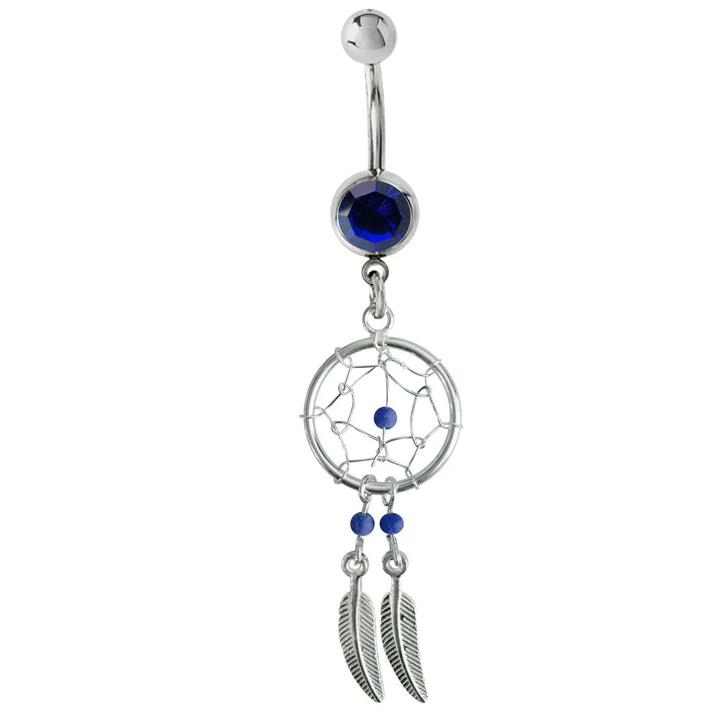 Dream Catcher Belly Ring, Navel Ring - Silver Dreamcatcher Jewellery Drop Belly Bar with Crystal and  Genuine Stone Beads- 14g (1.6mm)