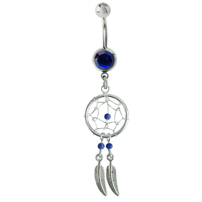 Dream Catcher Belly Ring, Navel Ring - Silver Dreamcatcher Jewellery Drop Belly Bar with Crystal and  Genuine Stone Beads- 14g (1.6mm)