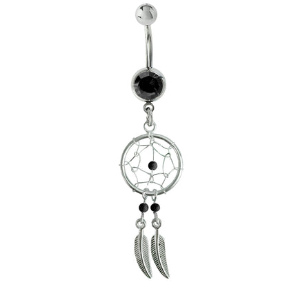 Dream Catcher Belly Ring, Navel Ring - Silver Dreamcatcher Jewellery Drop Belly Bar with Crystal and  Genuine Stone Beads- 14g (1.6mm)