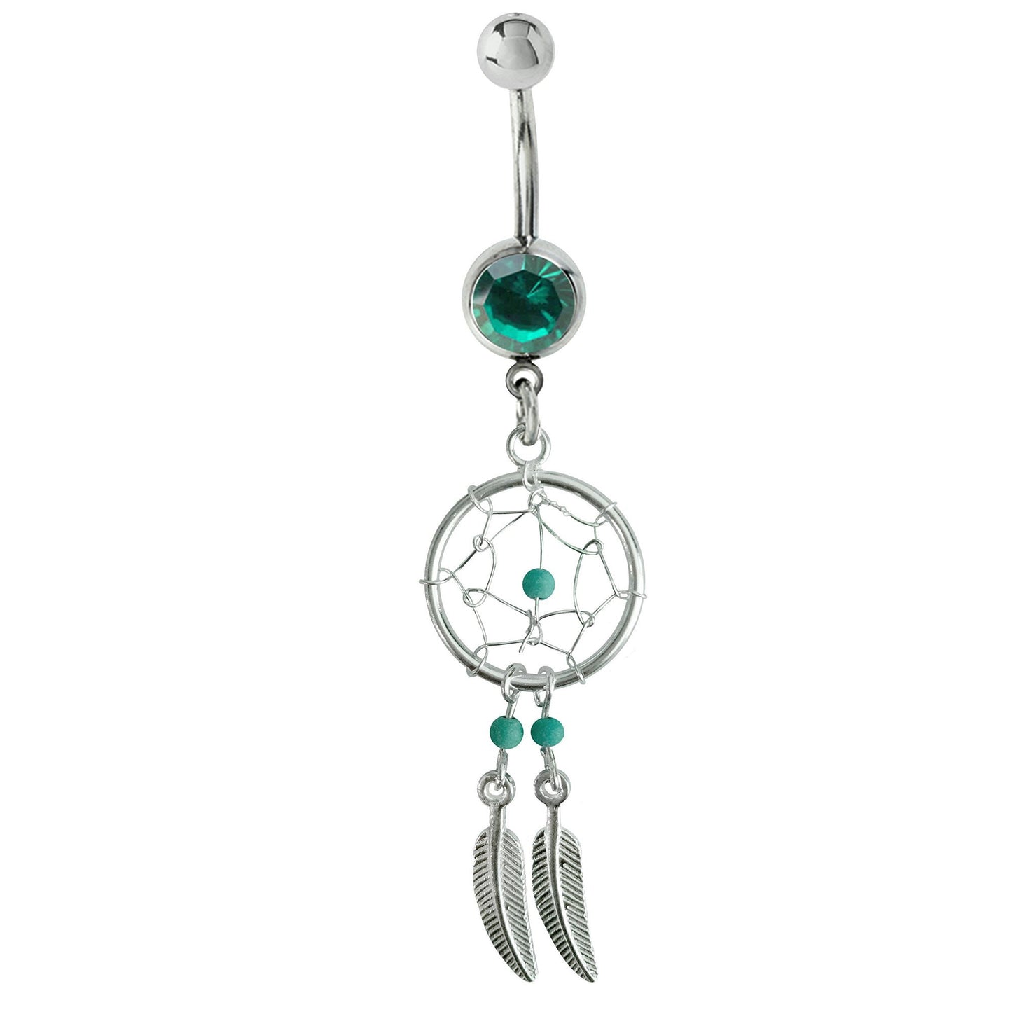 Dream Catcher Belly Ring, Navel Ring - Silver Dreamcatcher Jewellery Drop Belly Bar with Crystal and  Genuine Stone Beads- 14g (1.6mm)
