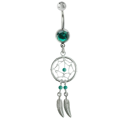 Dream Catcher Belly Ring, Navel Ring - Silver Dreamcatcher Jewellery Drop Belly Bar with Crystal and  Genuine Stone Beads- 14g (1.6mm)