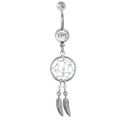 Dream Catcher Belly Ring, Navel Ring - Silver Dreamcatcher Jewellery Drop Belly Bar with Crystal and  Genuine Stone Beads- 14g (1.6mm)