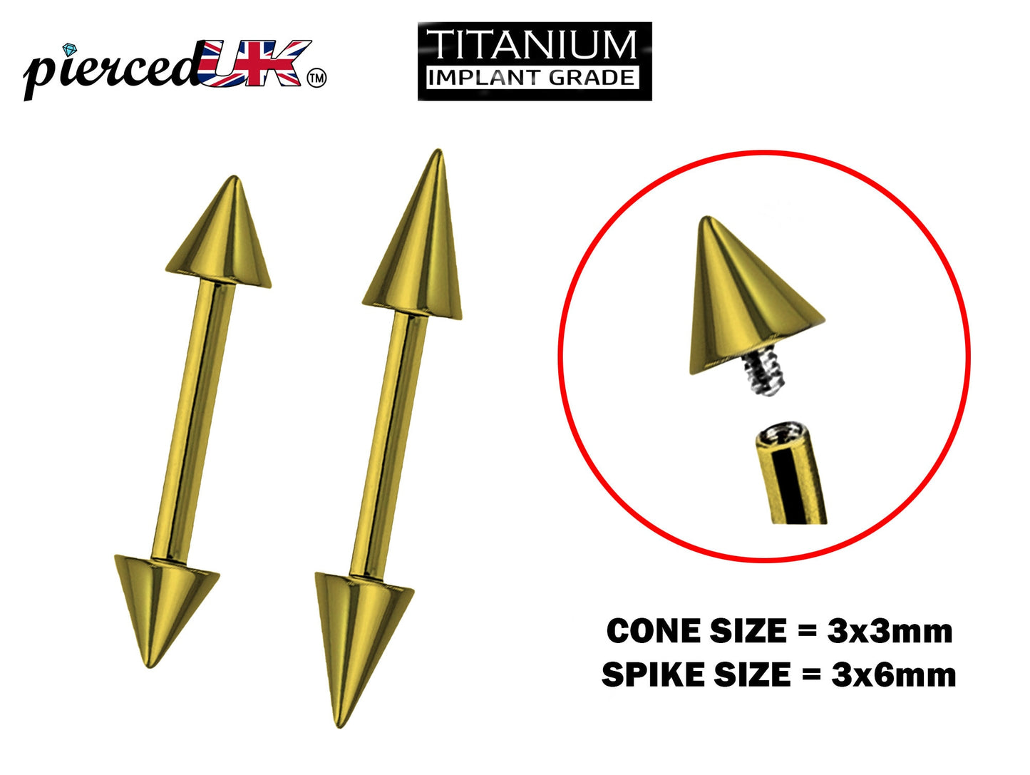 Titanium Gold Spike Barbell Piercing, Ear Cartilage Stud Nipple Bar - Internally Threaded Body Jewellery 16G 14G