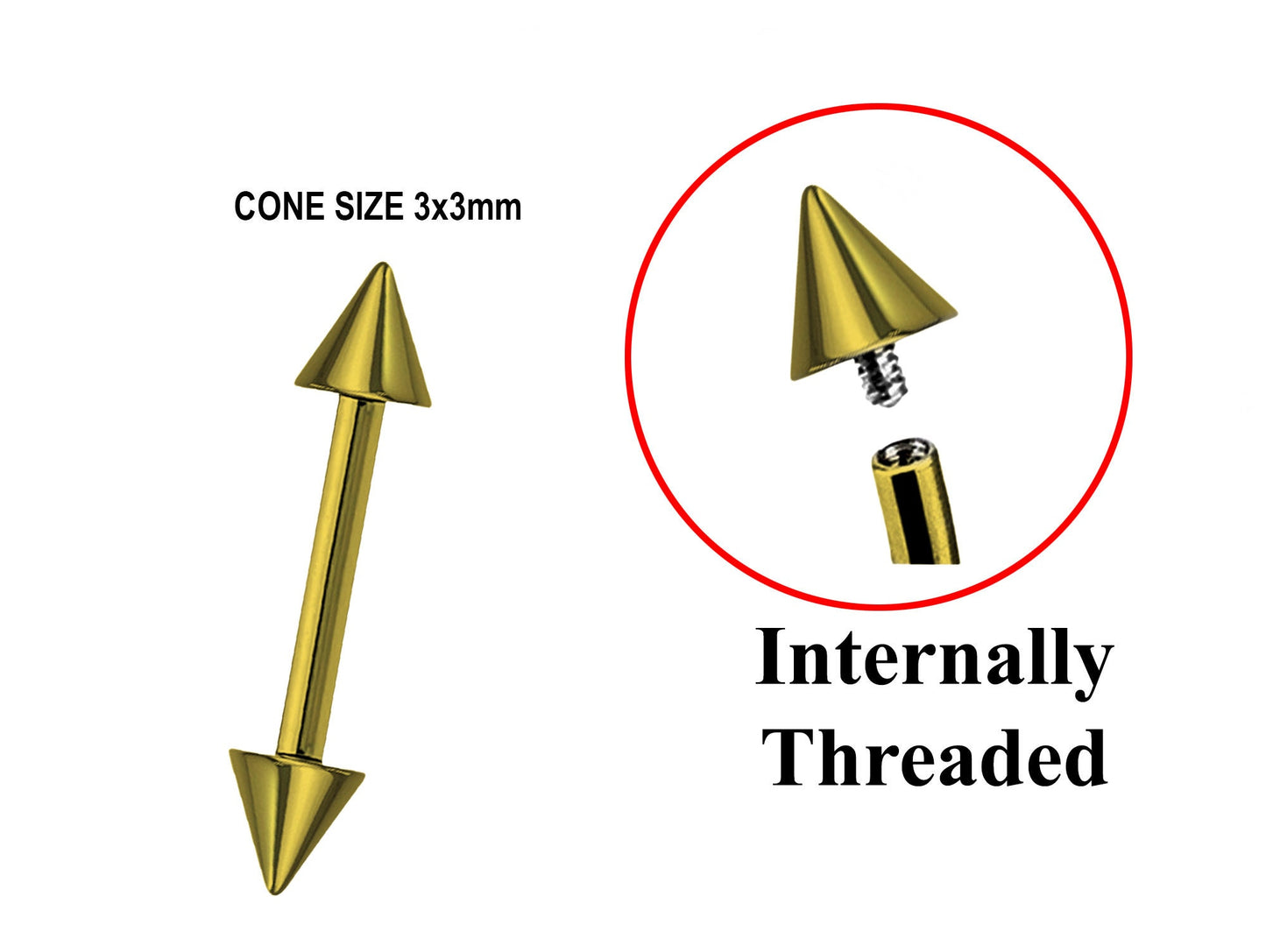Titanium Gold Spike Barbell Piercing, Ear Cartilage Stud Nipple Bar - Internally Threaded Body Jewellery 16G 14G