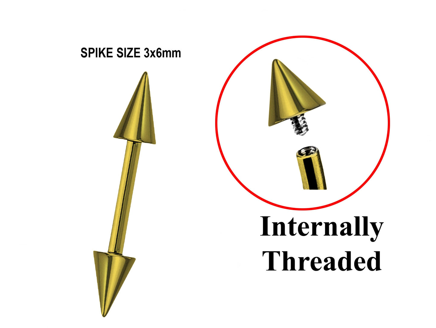 Titanium Gold Spike Barbell Piercing, Ear Cartilage Stud Nipple Bar - Internally Threaded Body Jewellery 16G 14G