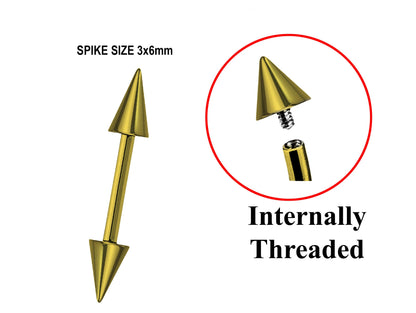 Titanium Gold Spike Barbell Piercing, Ear Cartilage Stud Nipple Bar - Internally Threaded Body Jewellery 16G 14G