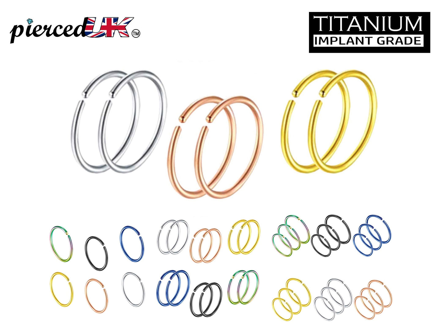 Titanium Nose Ring Hoop, Hoop Earrings - Nose Piercing 20g, 18g - Value Pack of 6 / 12 / 18 pieces - In Various Colors