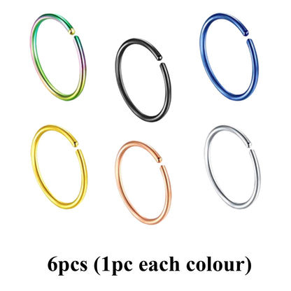 Titanium Nose Ring Hoop, Hoop Earrings - Nose Piercing 20g, 18g - Value Pack of 6 / 12 / 18 pieces - In Various Colors